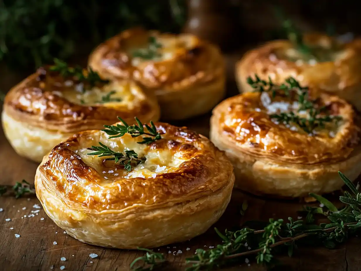 A rustic wooden table featuring freshly baked savory pastries with melted cheese and green herbs, surrounded by sprigs of rosemary and thyme, with soft morning light highlighting the golden crusts and a sprinkle of sea salt glistening on top.