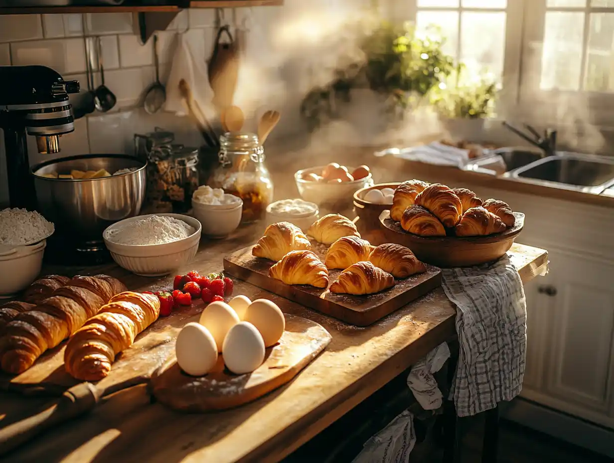 A cozy kitchen scene showcasing make-ahead breakfast pastries on a rustic wooden countertop, including croissants, danishes, and muffins, surrounded by fresh fruit and baking ingredients with warm morning light streaming through the window.