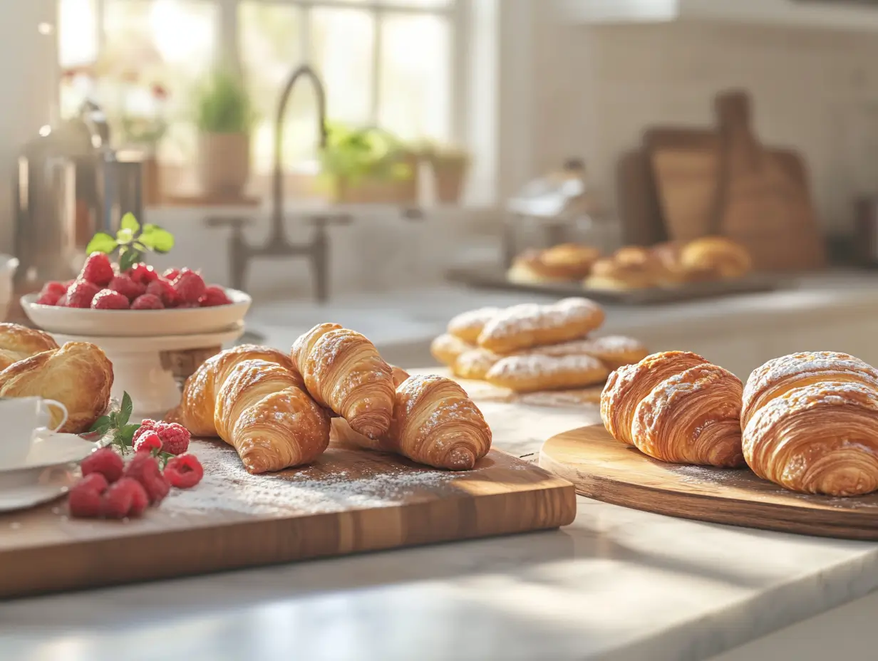 A beautifully arranged kitchen countertop displaying freshly baked breakfast pastries, including flaky croissants, fruit-filled danishes, and golden-brown puff pastries, with a rustic rolling pin and fresh fruit, bathed in soft morning light.