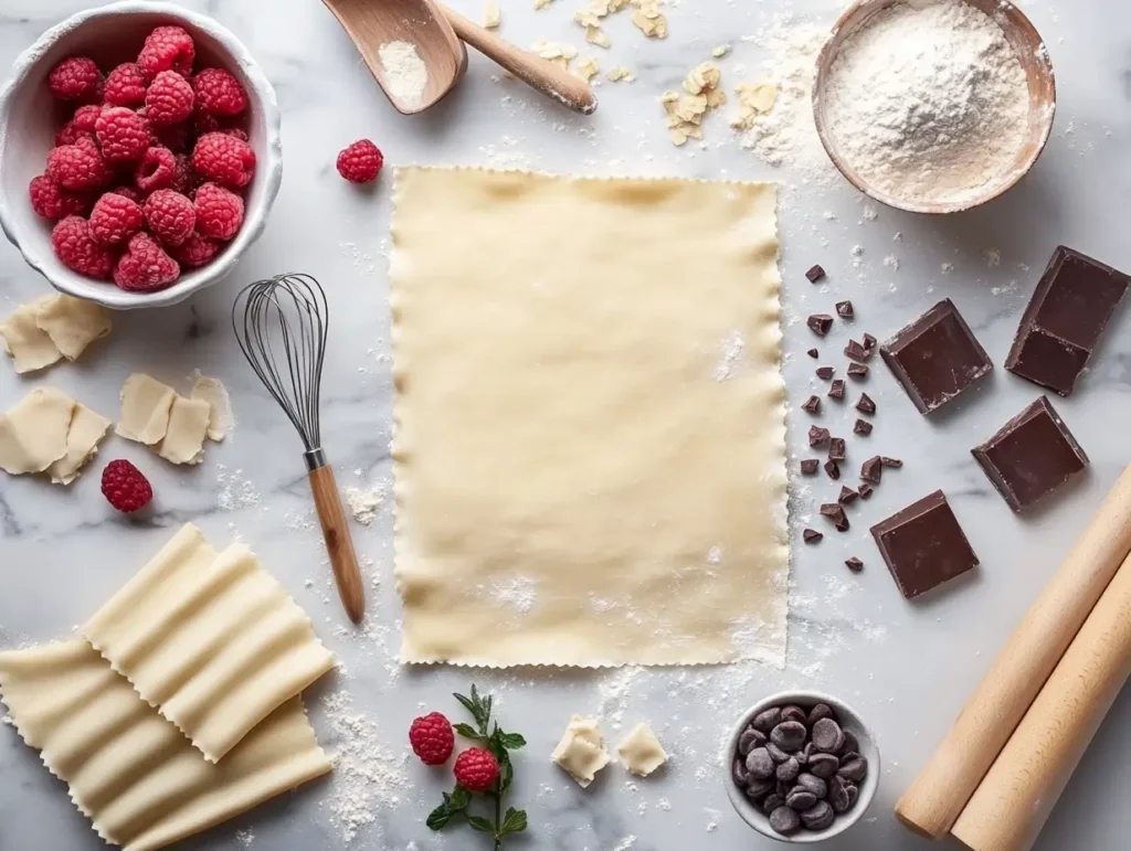 A beautifully arranged marble countertop workspace with flour dust, a rolling pin, pastry tools, and sheets of pastry dough in various stages, surrounded by fresh ingredients like berries, chocolate, and nuts, with soft natural lighting.