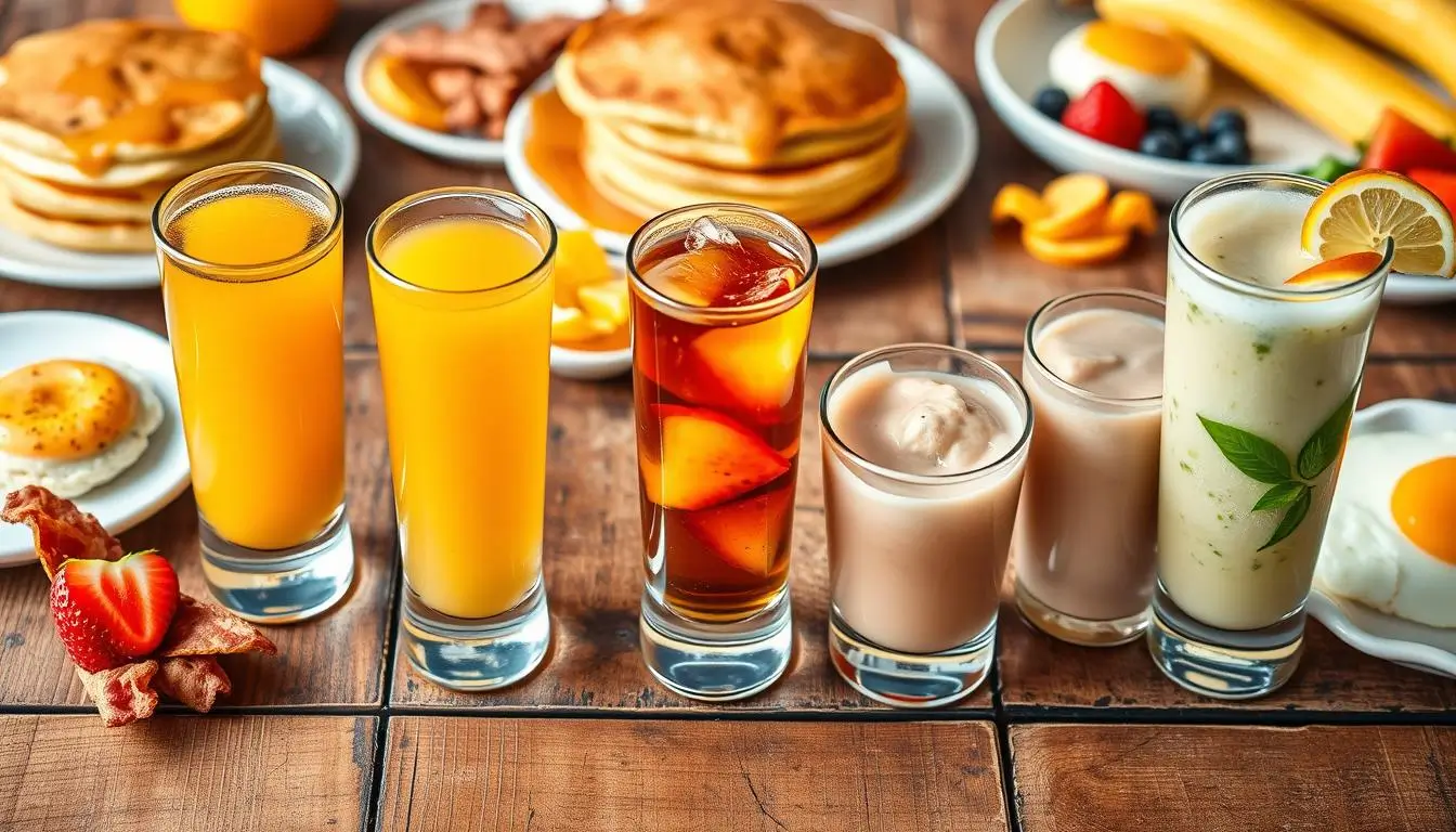 A variety of breakfast drinks in glasses, including orange juice, iced tea, smoothies, and milkshakes, placed on a wooden table alongside pancakes, fried eggs, fruits, and waffles.