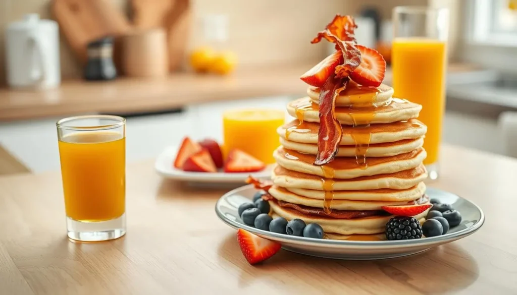 A stack of fluffy pancakes topped with crispy bacon, fresh strawberries, and drizzled with syrup, accompanied by orange juice and berries on a wooden table in a bright kitchen.