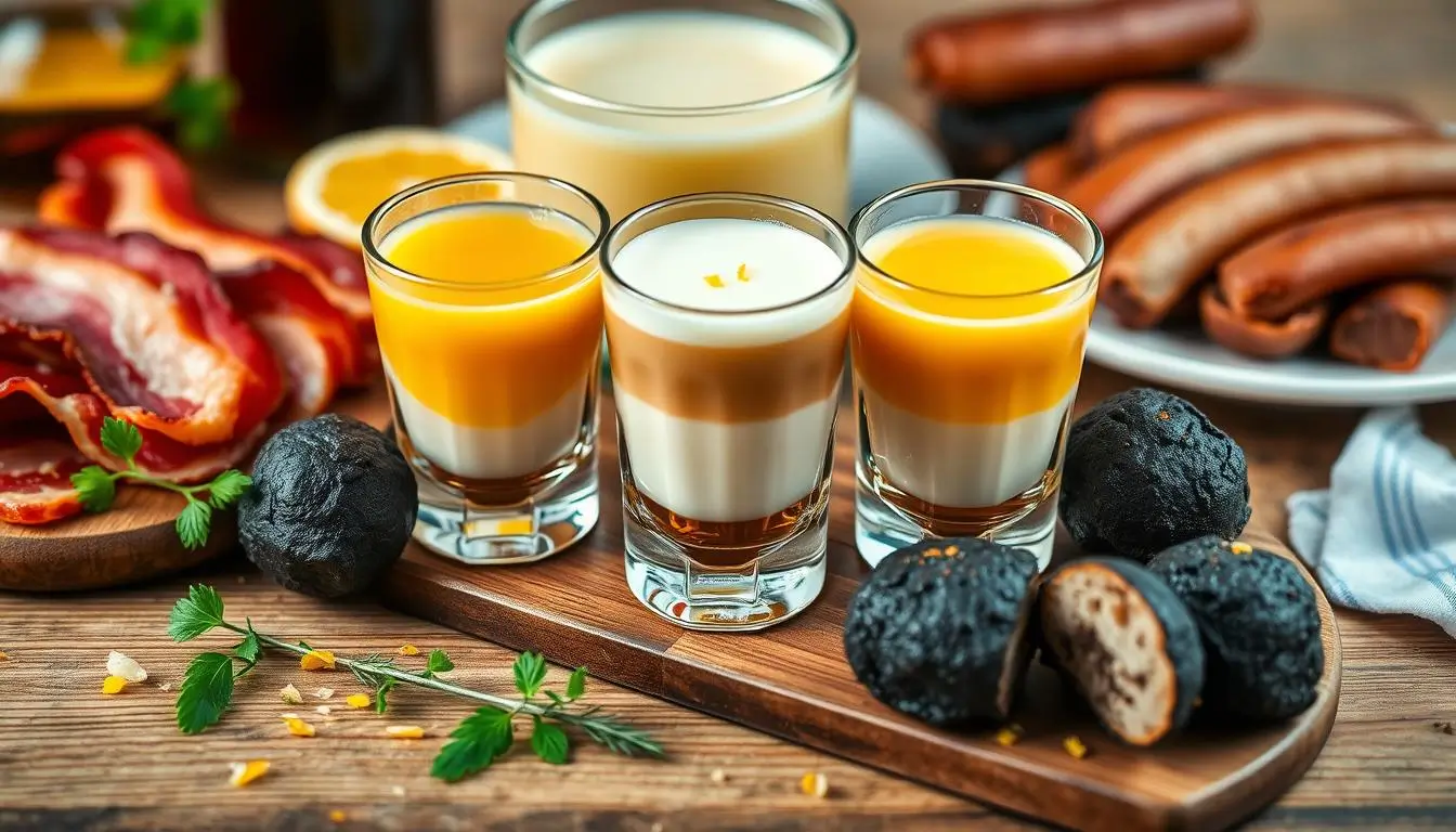 A layered Irish breakfast shot with whiskey, orange juice, and Irish cream, surrounded by crispy bacon, sausage, black pudding, and fresh herbs on a rustic wooden table.