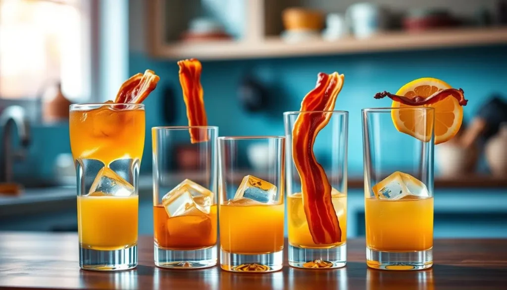 A vibrant and colorful display of five breakfast shot variations, each with layers of orange juice, whiskey, and unique bacon garnishes, set on a table with detailed glassware and ice cubes, against a softly blurred kitchen background bathed in warm morning light.