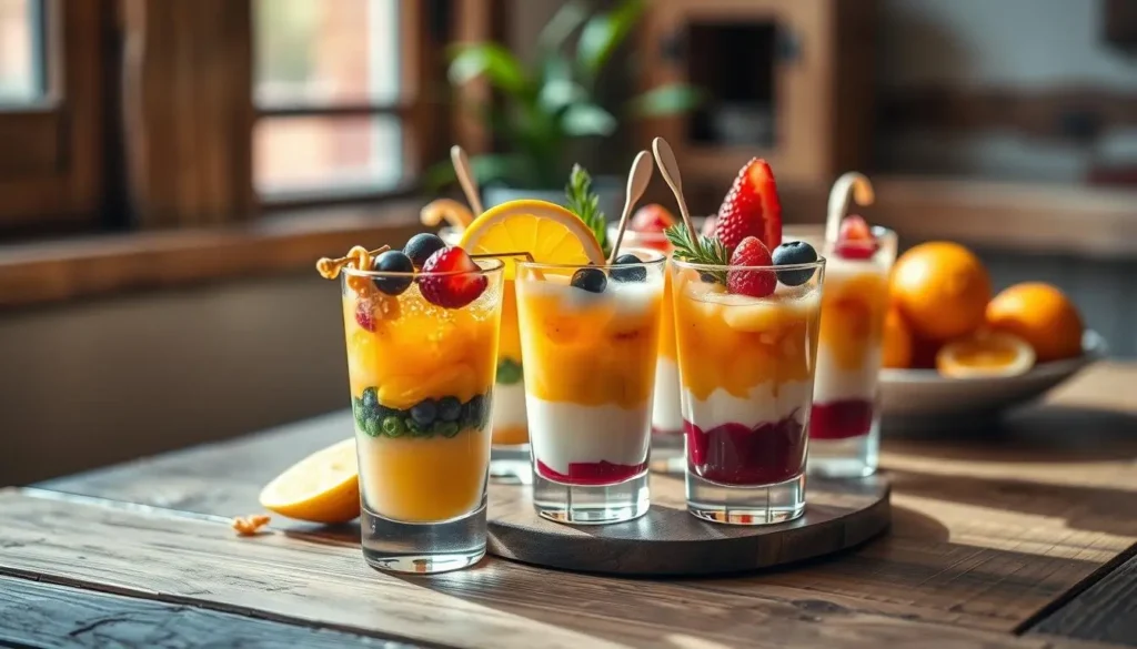 A vibrant breakfast shot cocktail with layered ingredients, fresh berry and citrus garnishes, on a rustic wooden table illuminated by morning light.