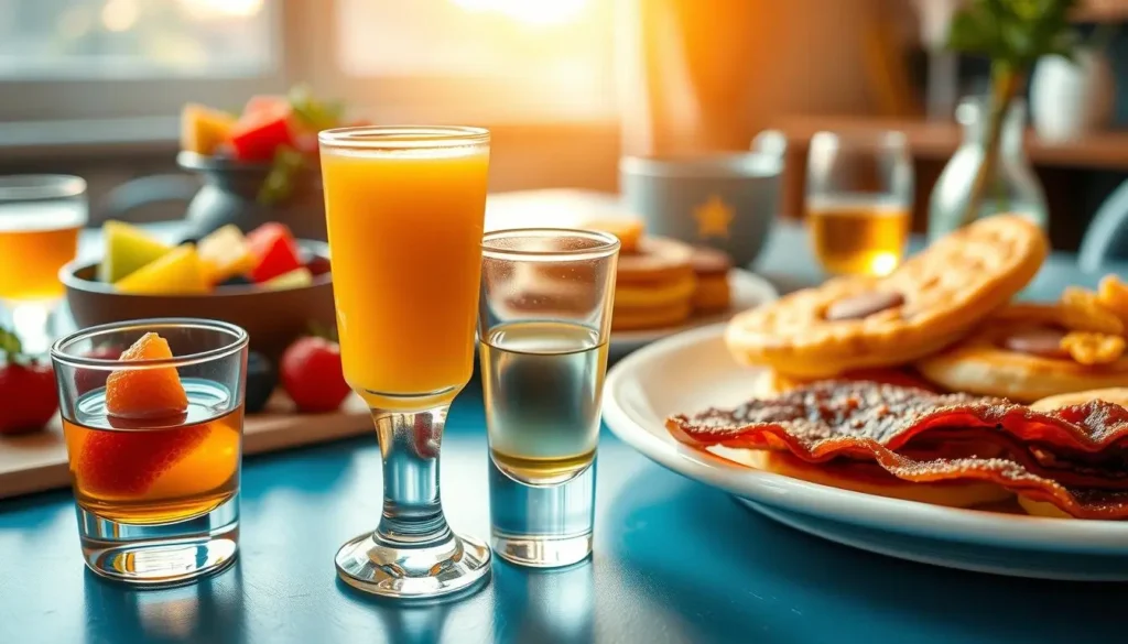 A vibrant breakfast table with orange juice, whiskey, colorful fruit garnishes, mini pancakes, and crispy bacon, bathed in warm morning light.