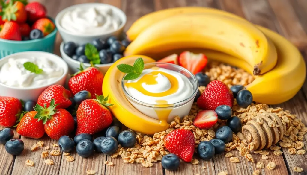 A vibrant display of fresh strawberries, blueberries, bananas, creamy yogurt, granola, and honey on a rustic wooden table.