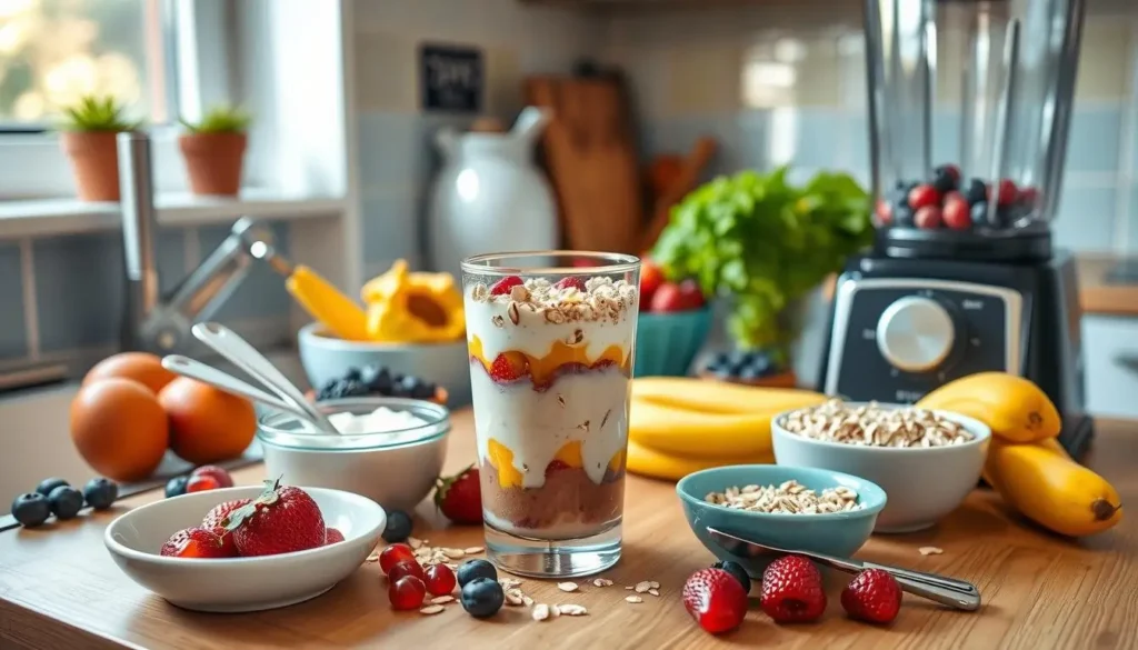 A vibrant kitchen counter with fresh fruits, yogurt, oats, a layered breakfast shot, blender, and measuring tools in morning light.