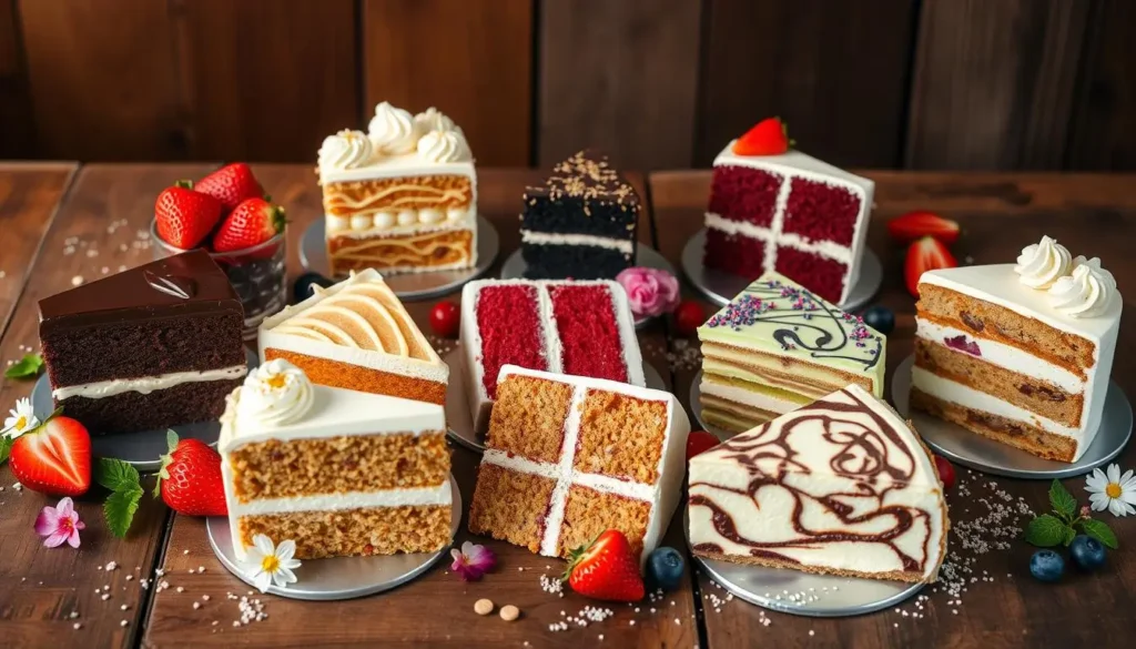 A vibrant display of ten exquisite cake slices, including chocolate ganache, strawberry shortcake, lemon drizzle, red velvet, vanilla bean, carrot cake, matcha green tea, coconut tres leches, marble swirl, and blueberry cheesecake, arranged with fresh fruits, edible flowers, and sprinkles.