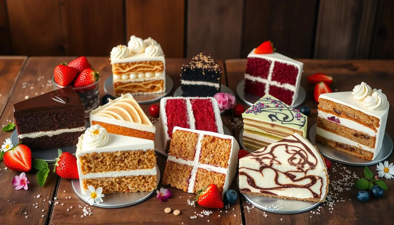 A vibrant display of ten exquisite cake slices, including chocolate ganache, strawberry shortcake, lemon drizzle, red velvet, vanilla bean, carrot cake, matcha green tea, coconut tres leches, marble swirl, and blueberry cheesecake, arranged with fresh fruits, edible flowers, and sprinkles.