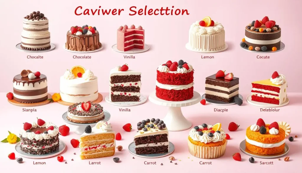 A visually enticing cake flavor selection guide featuring a variety of decorated cakes in chocolate, vanilla, red velvet, lemon, and carrot, along with mini cupcakes, colorful fruits, floral decorations, and ingredient elements like chocolate chips, berries, and nuts.