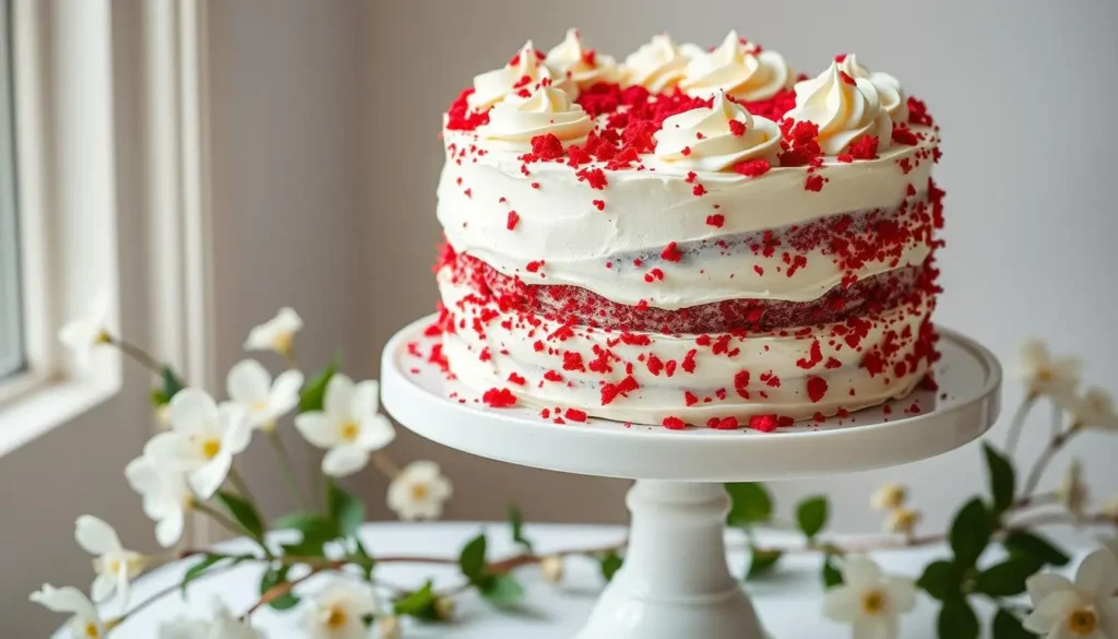 A beautifully layered classic red velvet cake on a white pedestal, adorned with cream cheese frosting, red velvet crumbs cascading down the sides, surrounded by white flowers and green leaves, with soft natural lighting highlighting its texture.