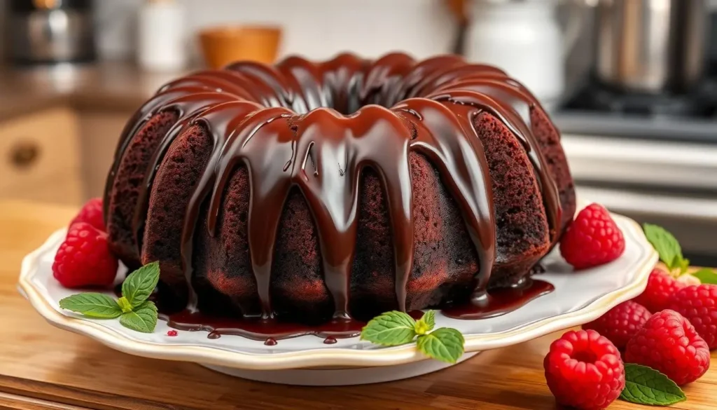 A rich chocolate bundt cake drizzled with chocolate ganache, displayed on a porcelain plate, surrounded by fresh raspberries and mint leaves, with a soft-focus kitchen background and warm lighting.