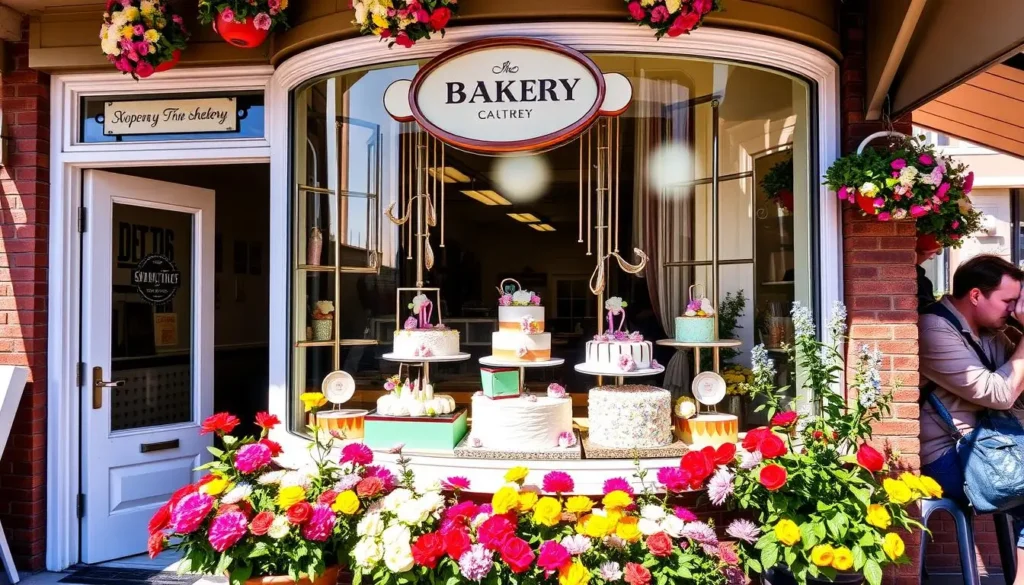 A vibrant bakery storefront with decorated cakes, colorful flowers, cupcakes, and people enjoying treats on a sunny day.