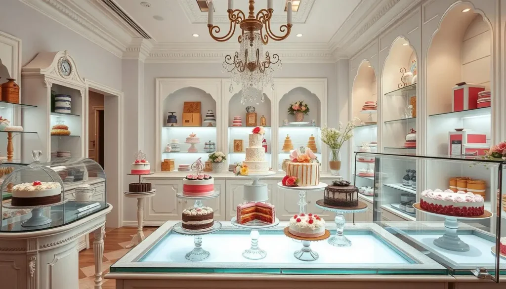 Elegant interior of a premium cake shop with specialty cakes on glass display stands, pastel-colored walls, vintage cake tins, and floral arrangements