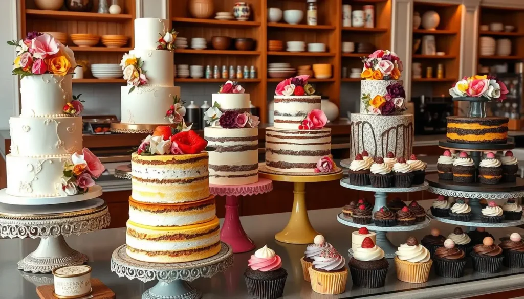 Vibrant display of artisanal cakes in a bakery with fondant cakes, rustic naked cakes, chocolate ganache cakes, and whimsical cupcakes on ornate stands, surrounded by wooden shelves of baking tools and ingredients