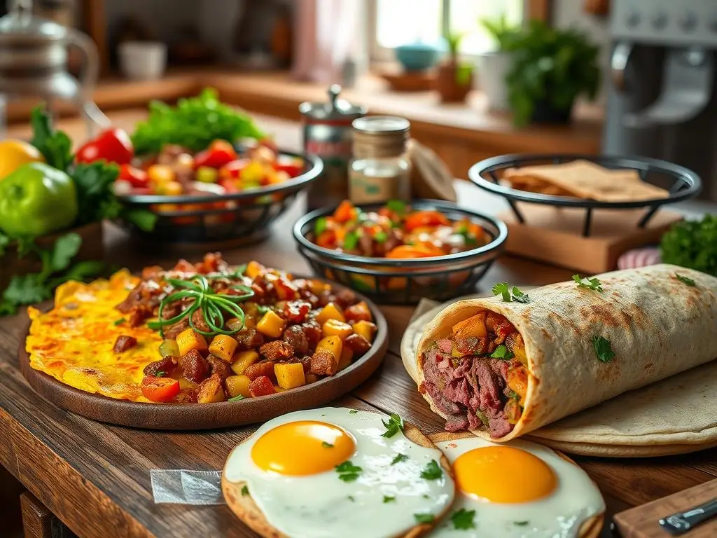 Vibrant breakfast spread featuring canned corned beef omelette, corned beef hash without potatoes, and a corned beef breakfast burrito, garnished with fresh parsley, colorful vegetables, and eggs on a rustic wooden table.