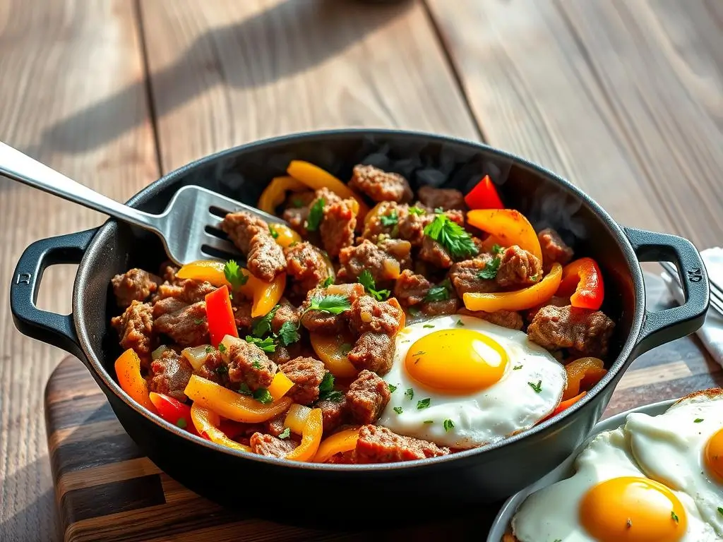 Skillet of golden-brown beef with sautéed bell peppers and onions, garnished with fresh herbs, beside sunny-side-up eggs on a rustic wooden table.