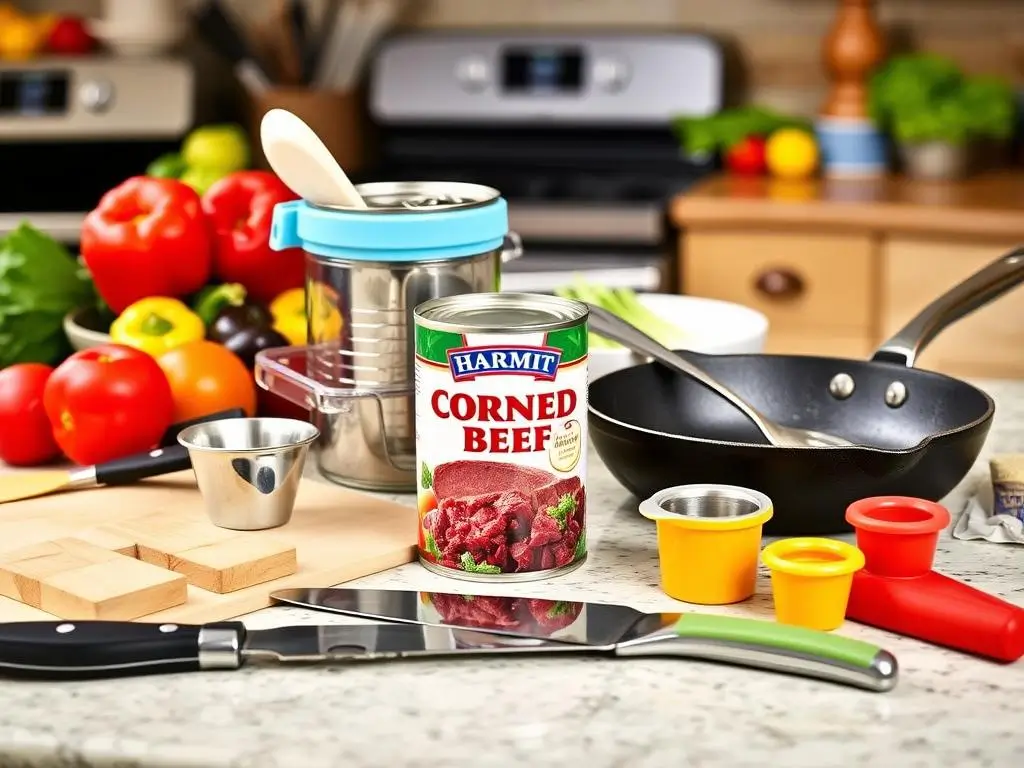 Kitchen scene with essential tools for preparing canned corned beef: can opener, frying pan, spatula, cutting board, chef's knife, measuring cups, and mixing bowl, with colorful vegetables in the background