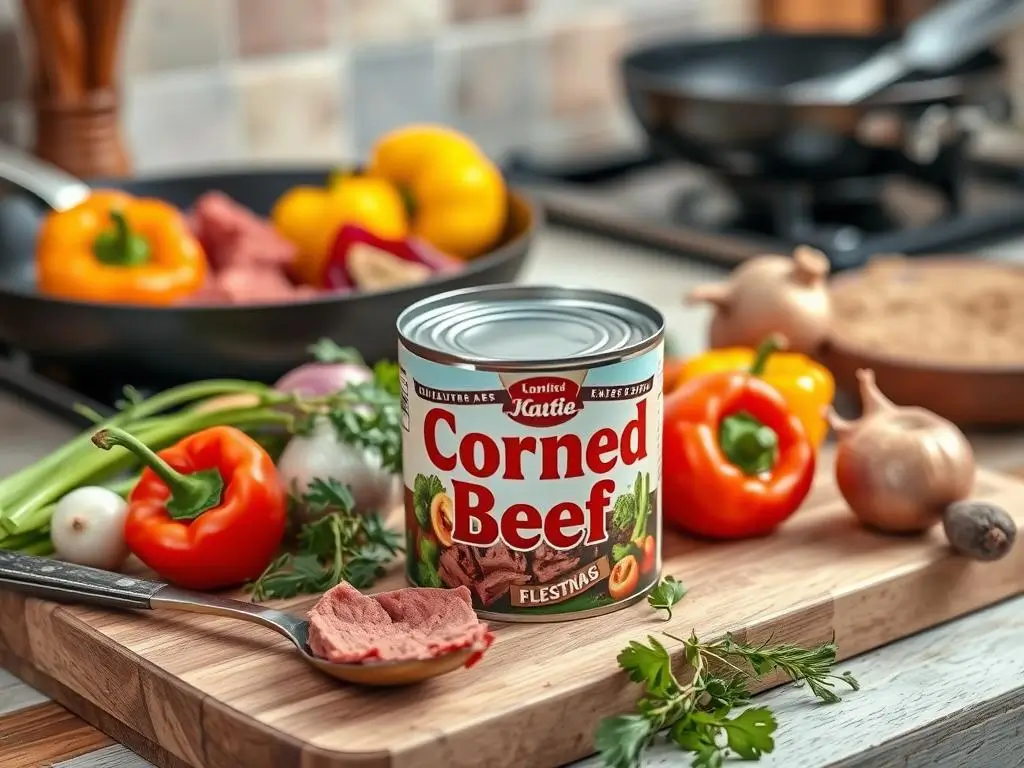 Freshly opened can of corned beef surrounded by colorful bell peppers, onions, and herbs on a wooden cutting board, with a rustic spoon and cozy kitchen background