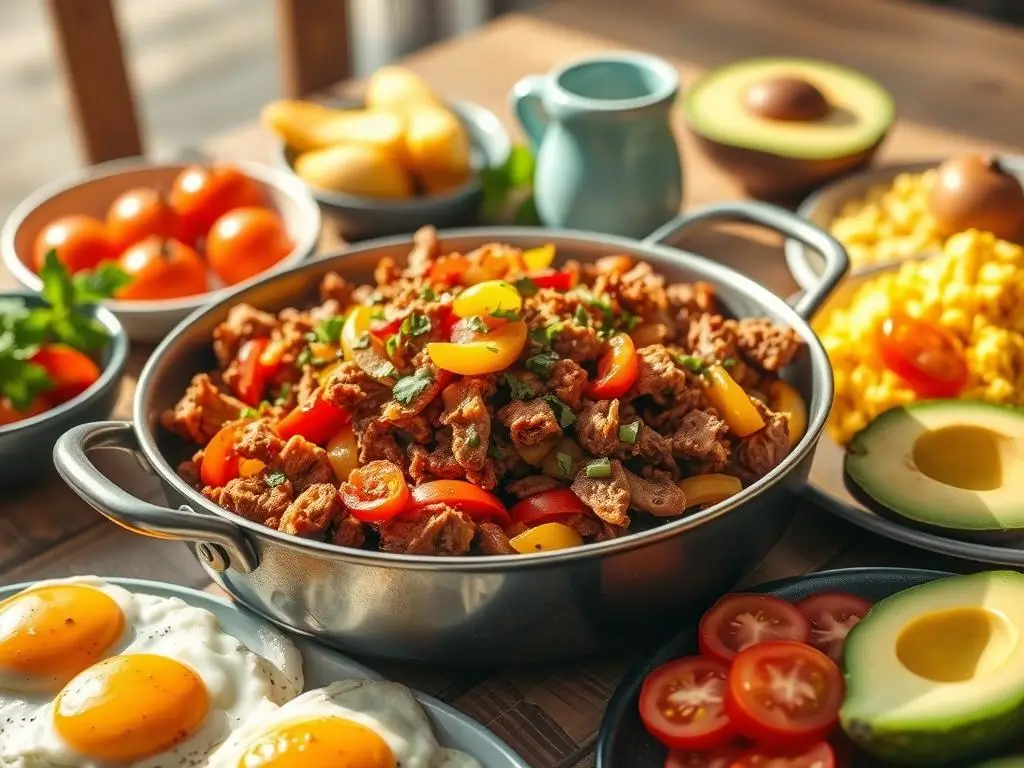 Skillet of crispy golden-brown canned corned beef with sautéed bell peppers and onions, garnished with fresh herbs, surrounded by scrambled eggs, sliced tomatoes, and avocado on a rustic wooden table.