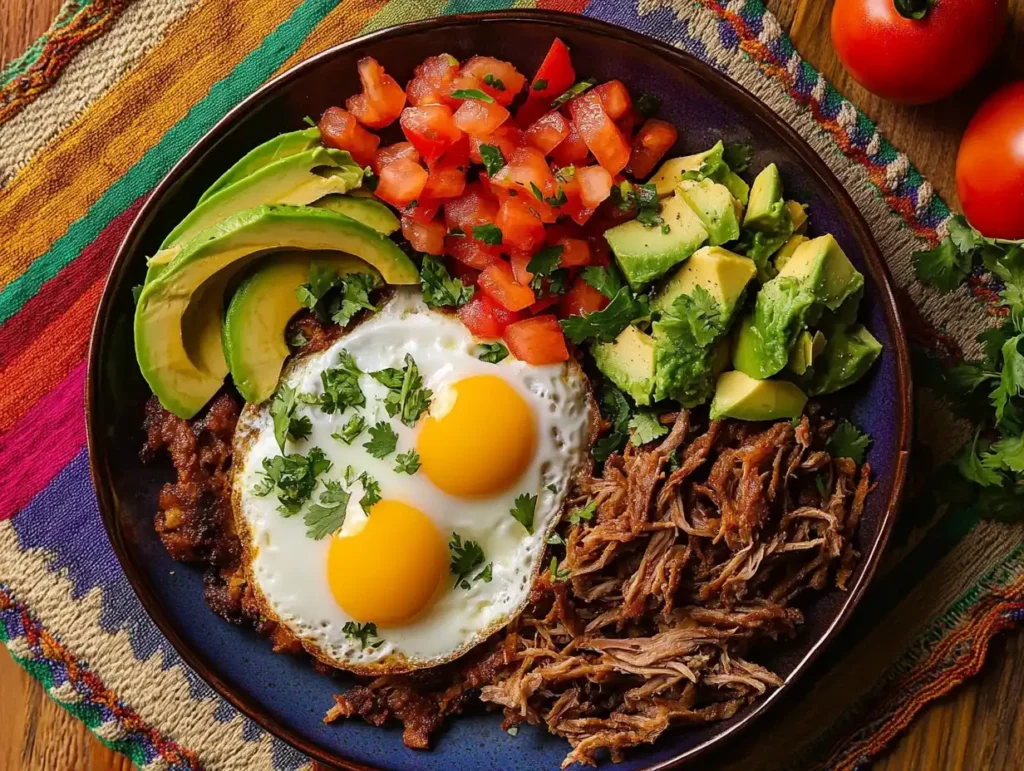 A vibrant breakfast plate featuring crispy carnitas, sunny-side-up eggs, fresh avocado slices, diced tomatoes, and chopped cilantro, served on a rustic wooden table with a colorful woven placemat.