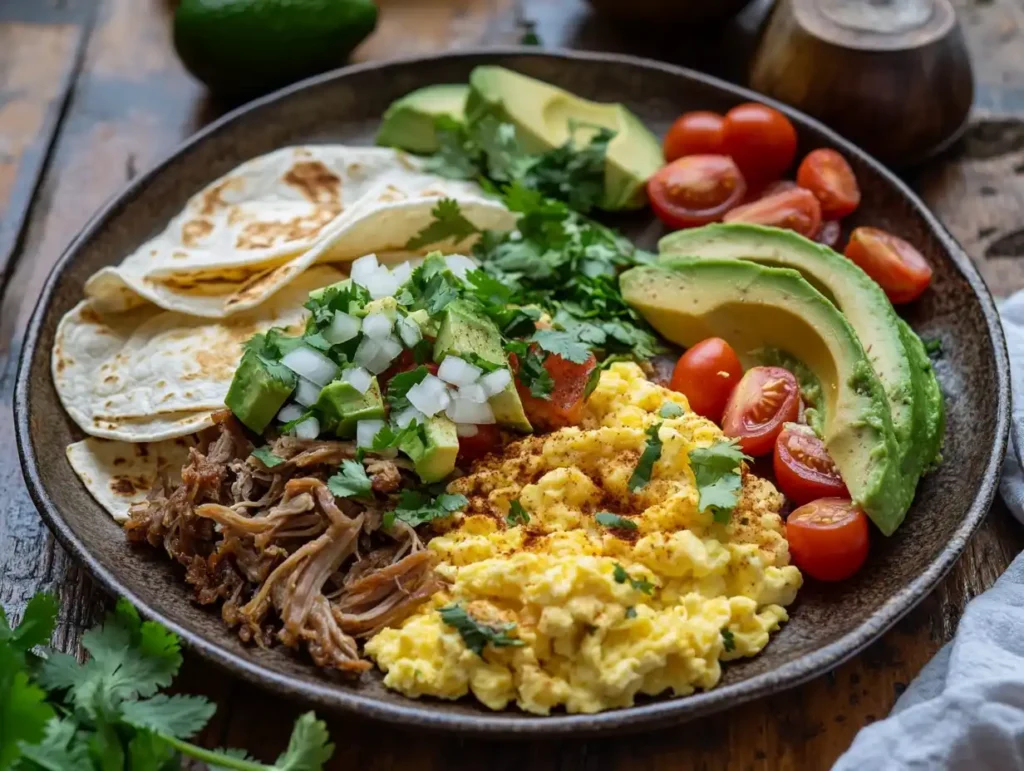 A vibrant breakfast plate with golden scrambled eggs, flavorful carnitas topped with fresh cilantro and diced onions, served with warm corn tortillas, cherry tomatoes, and avocado slices on a rustic wooden table.