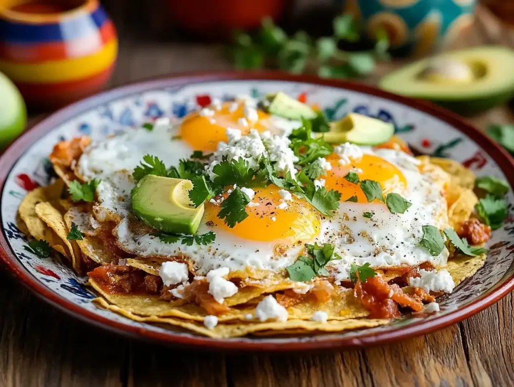 A vibrant plate of carnitas chilaquiles topped with fried eggs, drizzled with green salsa, garnished with fresh cilantro, sliced avocado, and crumbled queso fresco, served on a rustic wooden table with colorful Mexican pottery in the background.