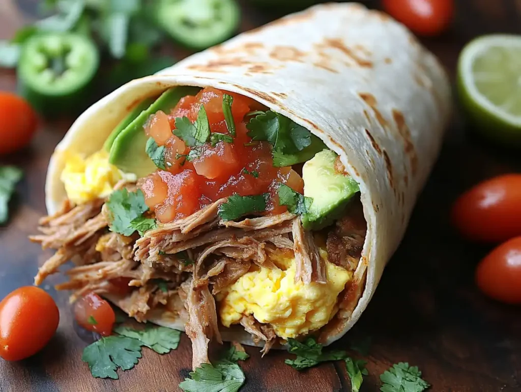 A vibrant pork carnitas breakfast burrito wrapped in a soft tortilla, filled with shredded pork, scrambled eggs, fresh cilantro, diced tomatoes, and sliced avocado, garnished with spicy salsa and surrounded by limes and jalapeños on a rustic wooden table.