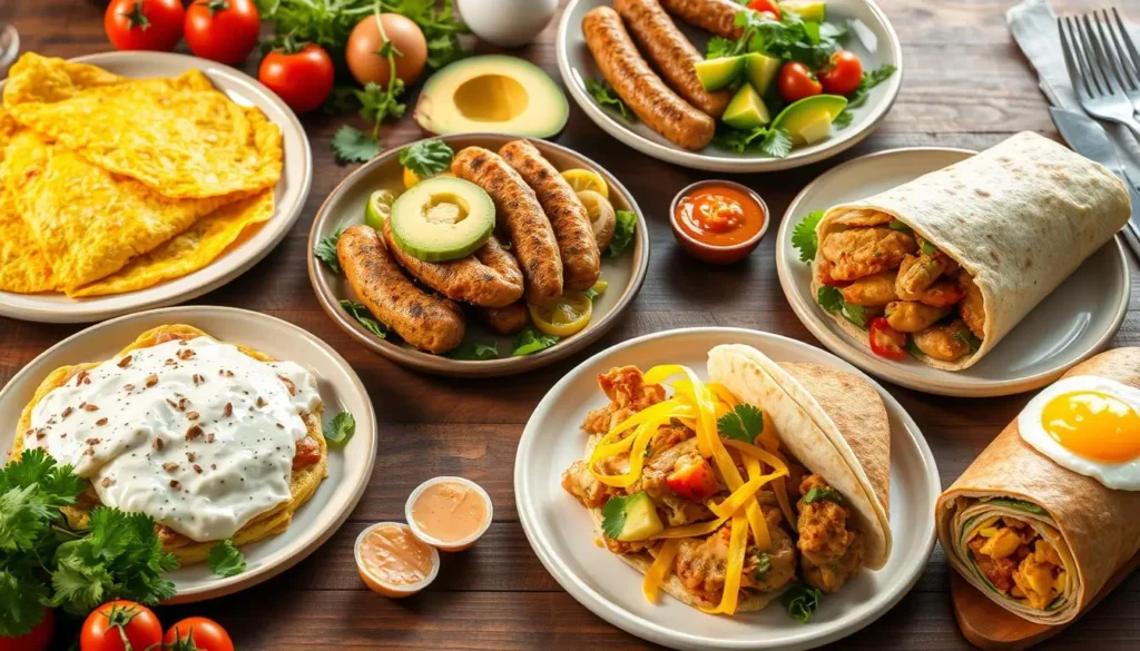 A vibrant chicken-based breakfast with a fluffy chicken omelette, grilled chicken avocado toast, sausage links, and a chicken breakfast burrito on a rustic wooden table, surrounded by fresh ingredients.