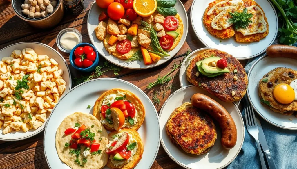 A vibrant chicken breakfast spread with scrambled eggs, frittata, breakfast burritos, avocado toast, chicken sausage, and colorful garnishes on a rustic wooden table.