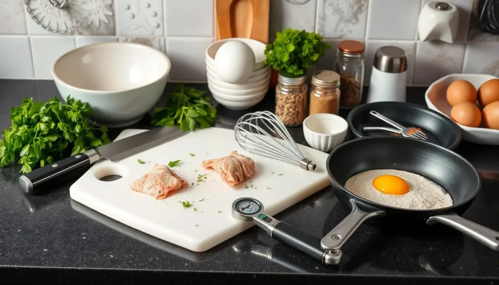 A well-organized kitchen countertop with essential tools for chicken breakfast recipes, including a chef's knife, cutting board, mixing bowls, whisk, frying pan, and spices in decorative jars.