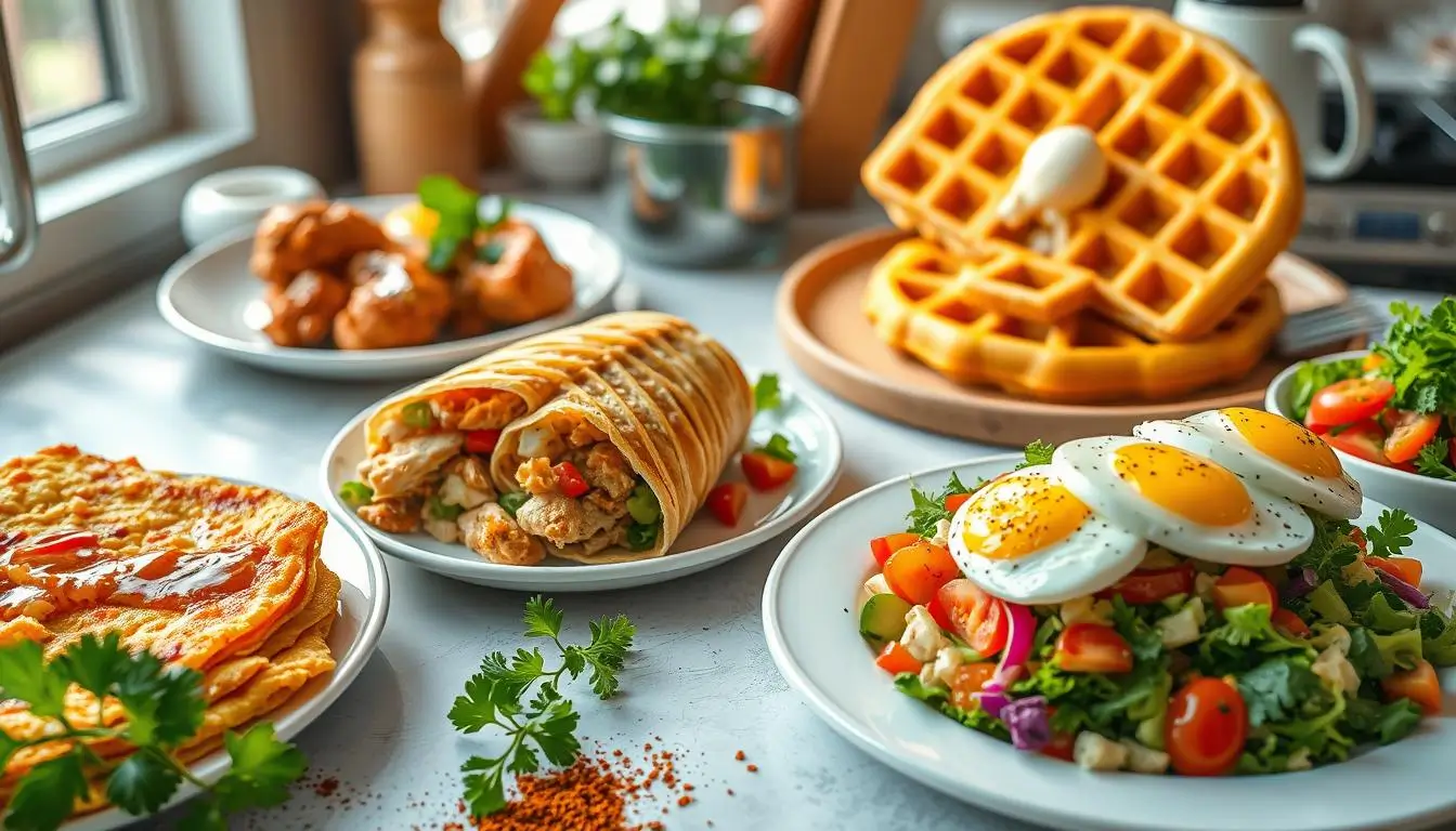 A vibrant kitchen scene with a golden-brown chicken omelette, chicken and waffles with maple syrup, a hearty chicken breakfast burrito, and chicken salad topped with avocado and poached eggs, surrounded by fresh herbs and spices.