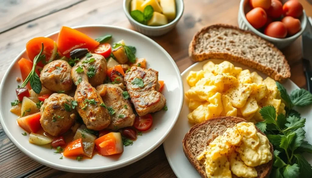 A vibrant healthy breakfast with a protein-packed chicken dish, fluffy scrambled eggs, whole grain toast, a small bowl of fruit, and fresh herbs, illuminated by soft morning light.