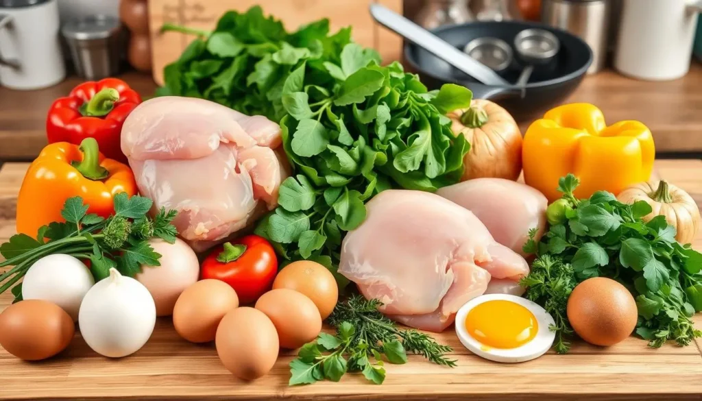 A vibrant arrangement of fresh ingredients for chicken breakfast recipes, including raw chicken breasts, eggs, bell peppers, onions, spinach, and herbs, with kitchen tools on a wooden countertop