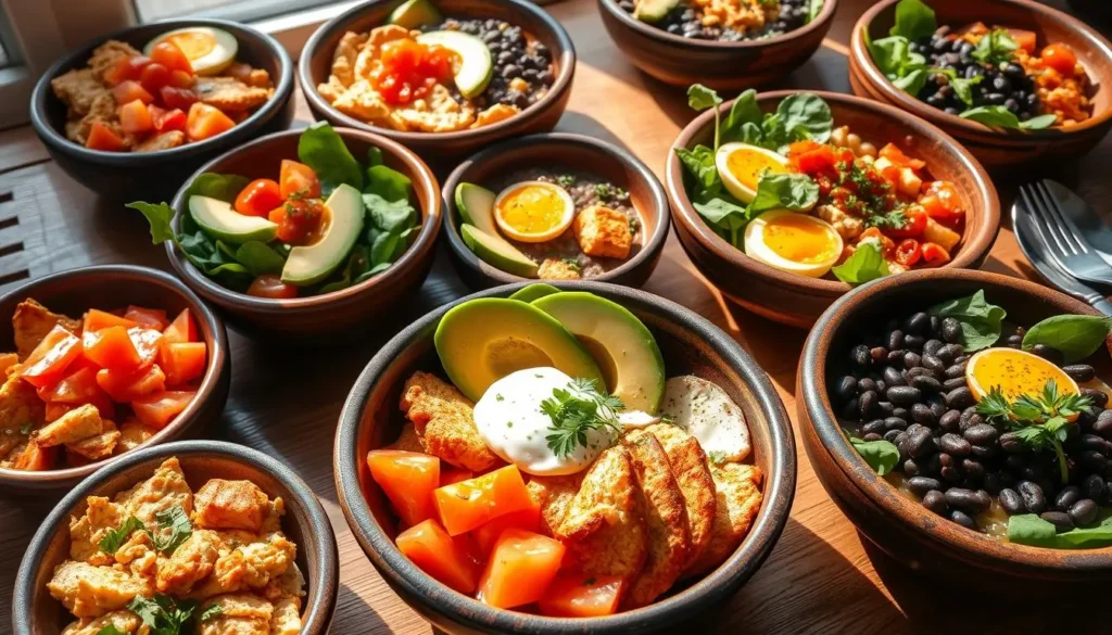 A vibrant display of chicken breakfast bowls with grilled chicken slices, scrambled eggs, diced tomatoes, avocado, black beans, and spinach, topped with salsa and herbs, set on a wooden table.