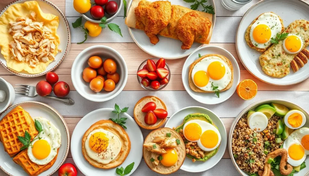 A beautifully arranged breakfast table with various chicken and egg combinations: omelette with diced chicken, fried chicken thighs with sunny-side-up eggs, chicken and egg frittata, eggs benedict with spiced chicken, avocado toast with grilled chicken, and a colorful breakfast bowl