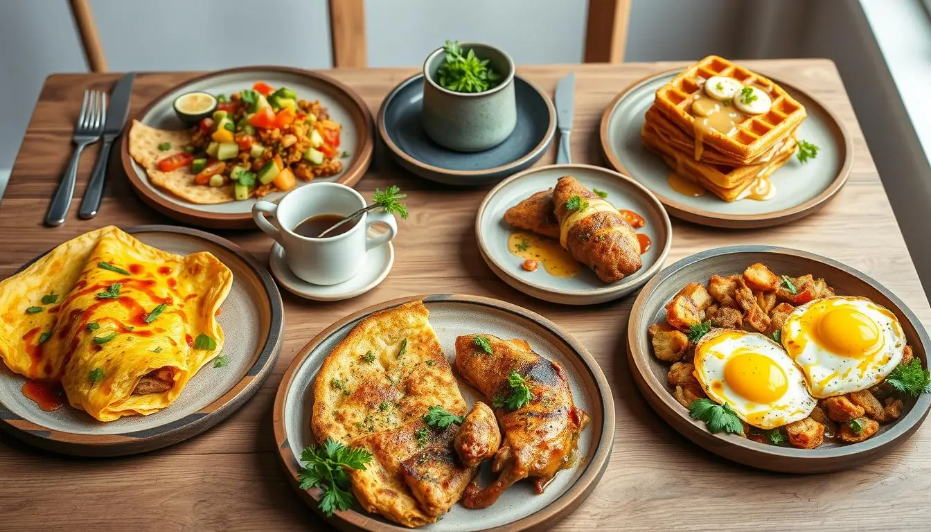 A beautifully arranged breakfast table with five creative chicken dishes: chicken and avocado omelette, spicy chicken breakfast burrito, chicken and waffle stack, chicken and vegetable frittata, and chicken breakfast hash with poached eggs, garnished with fresh herbs and fruits.