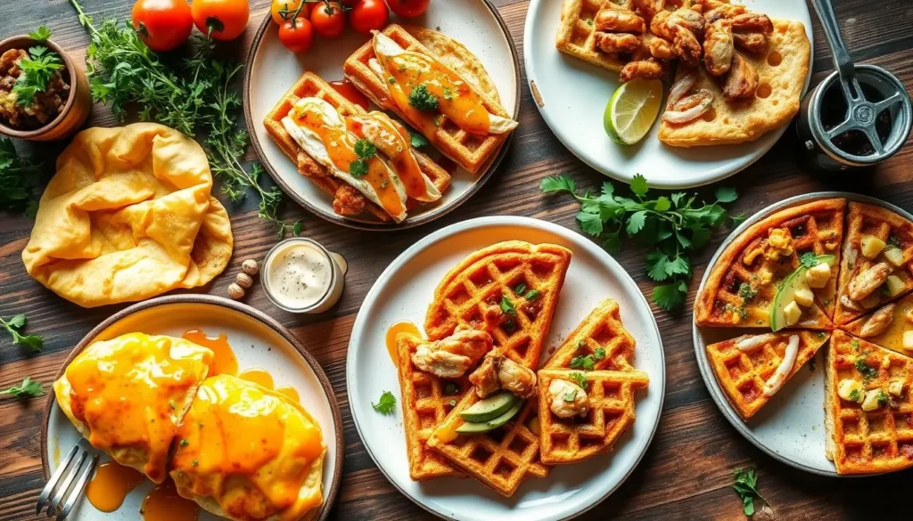 A vibrant breakfast scene with a variety of chicken dishes: fluffy chicken omelette, spicy chicken breakfast burrito, chicken and avocado toast, crispy chicken waffles with syrup, and savory chicken quiche, arranged on a rustic wooden table with fresh herbs and colorful vegetables.