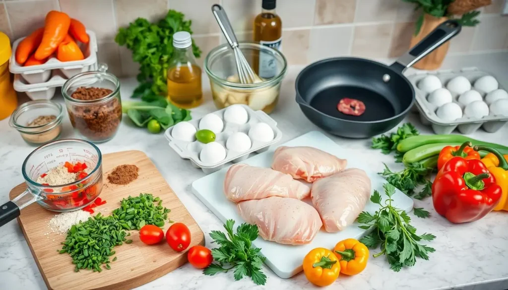 A vibrant kitchen countertop with meal prep tools and ingredients for chicken breakfast recipes, including chopped vegetables, measuring cups, whisk, mixing bowl, marinated chicken breasts, egg cartons, frying pan, and fresh herbs.