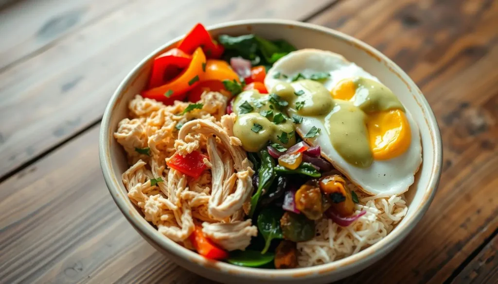 A vibrant breakfast bowl with shredded chicken, scrambled eggs, sautéed bell peppers, spinach, and fresh herbs, drizzled with avocado sauce on a rustic wooden table.