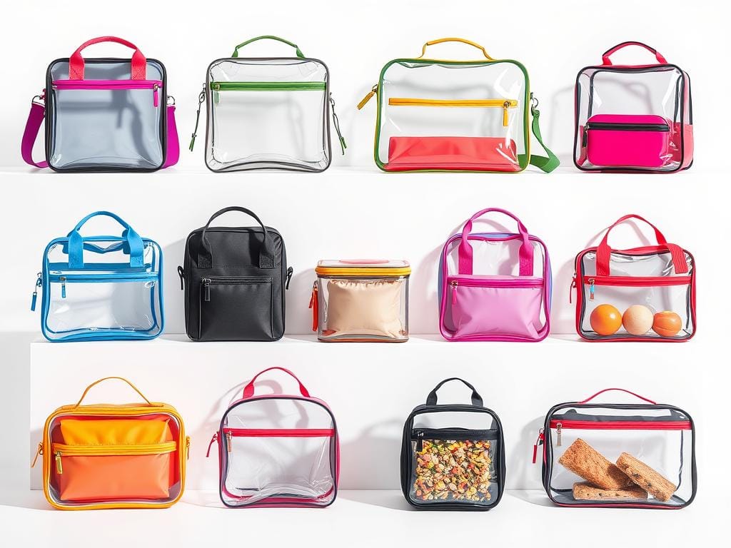 A variety of colorful clear lunch bags displayed on white shelves, showcasing different sizes and designs for easy meal storage