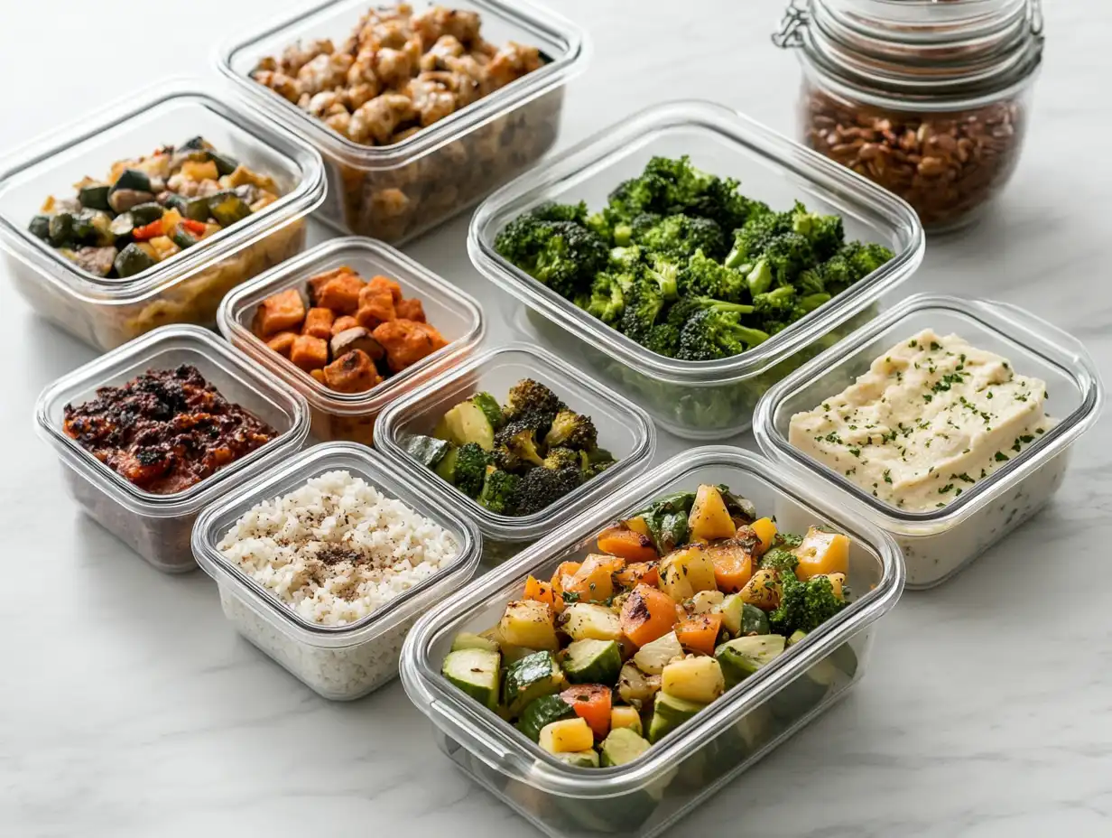 A variety of prepped meals in clear lunch box glass containers, including vegetables, rice, and protein-rich dishes, neatly arranged on a marble countertop.