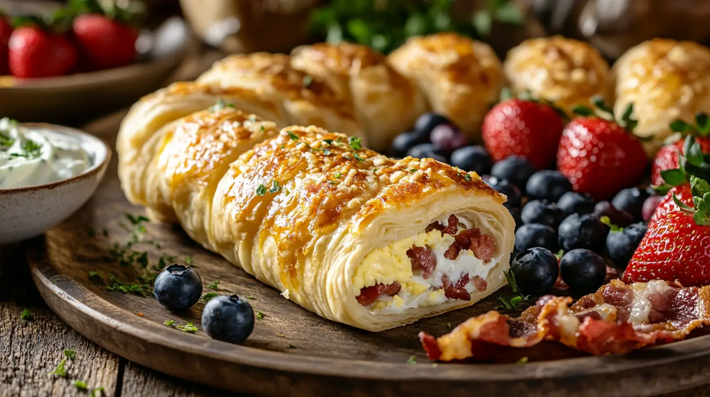 Crescent roll breakfast recipe with scrambled eggs, bacon, cheese, fresh fruit, and yogurt on a rustic wooden table