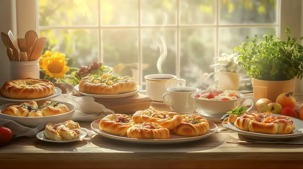 A breakfast table featuring crescent roll dishes, including savory rolls with cheese and ham, sweet rolls with fruit preserves and cream cheese, a steaming cup of coffee, and fresh fruit, with soft natural light from a kitchen window.