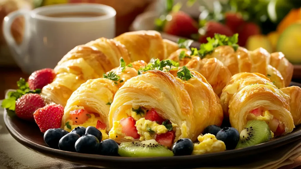 Crescent roll breakfast with scrambled eggs, cheese, fresh herbs, strawberries, blueberries, kiwi, and coffee or smoothie.