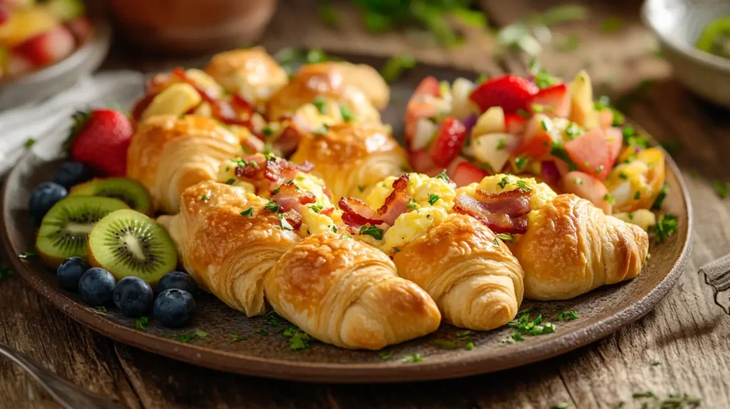 Crescent rolls with scrambled eggs, cheese, bacon, vegetables, fresh herbs, and vibrant fruit salad with strawberries, blueberries, and kiwi.