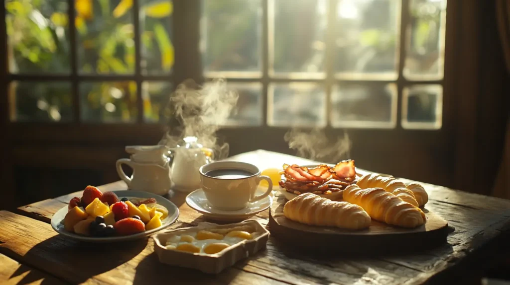 Freshly baked crescent rolls, scrambled eggs, crispy bacon, mixed fruit, and steaming coffee on a rustic wooden table.