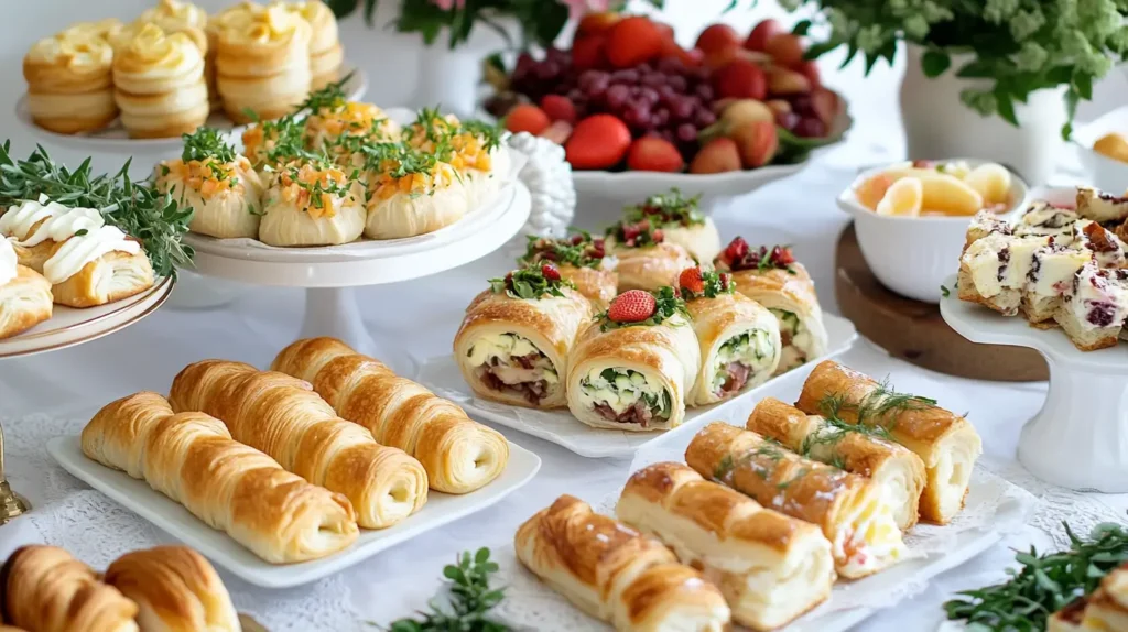 Brunch table with a variety cake, including sweet pastries, savory rolls with eggs and bacon, fresh herbs, fruit platter, yogurt parfaits, and artisanal coffee