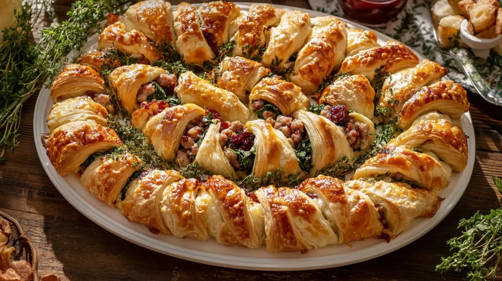 A platter of golden-brown crescent roll breakfast pastries filled with creamy cheese, fresh spinach, savory sausage, and sweet fruit preserves, garnished with fresh herbs and set on a rustic wooden table with morning sunlight.